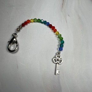 Vintage Key and Rainbow Beaded Scissor Fob, Scissor Jewelry, Zipper Pull