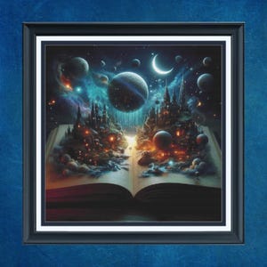Peut inclure: Une ville fantastique émerge des pages d'un livre ouvert, entourée d'un ciel nocturne étoilé avec des planètes et une lune croissante. Le livre est ouvert sur une surface sombre.