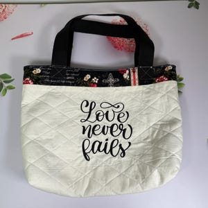 NEW! Love Never Fails Embroidered Bible or Book Bag Tote/book cover / devotional bag/gifts for mom