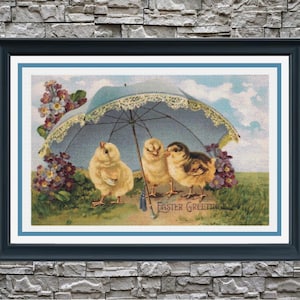 Cartão postal de Páscoa com pintinhos vintage, padrão de ponto cruz com cobertura total em PDF