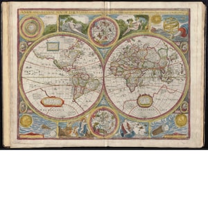 May include: A vintage world map with a circular design, showing the continents of North and South America, Europe, Asia, and Africa. The map is surrounded by decorative borders and includes text in Latin and English.