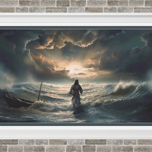 May include: A painting of a man walking on water with a stormy sky and a boat in the background.