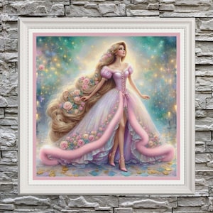 May include: A framed digital art print of a princess in a pink gown with long flowing blonde hair adorned with roses. The dress features a corset bodice and a long, flowing skirt with a pink fur trim. The background is a dreamy blend of blues, greens, and gold.