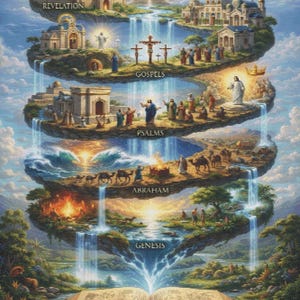 Peut inclure: Une illustration artistique à plusieurs niveaux représentant des scènes bibliques s'élevant d'un livre ouvert. Chaque niveau porte des étiquettes comme Genesis, Abraham, Psalms, Gospels et Revelation, avec des cascades reliant les couches.