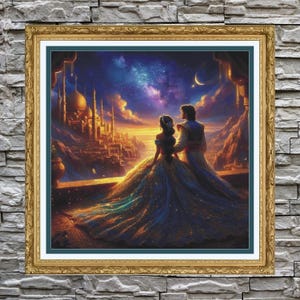 May include: A framed print depicting a romantic scene with a couple overlooking a city at sunset. The artwork features a couple in elegant attire, a city with golden domes, and a starry sky. The frame is gold.