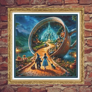 May include: A painting depicting a yellow brick road leading to a castle in the distance. The road is situated inside a giant teacup, and two figures are walking along the path. The scene is set against a starry night sky.