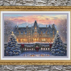 May include: A painting of a large, white mansion with a snow-covered roof and Christmas lights. The mansion is surrounded by trees and snow. There are two large Christmas trees in the foreground, decorated with lights and ornaments.