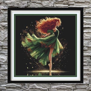 May include: A framed print featuring a ballerina in a flowing green dress with gold accents. The dancer has long, red curly hair and is poised en pointe. The background is black with golden sparkles, creating a magical, ethereal feel.