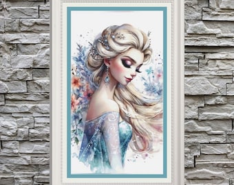 Retrato de Elsa en acuarela, patrón de punto de cruz de cobertura completa en PDF