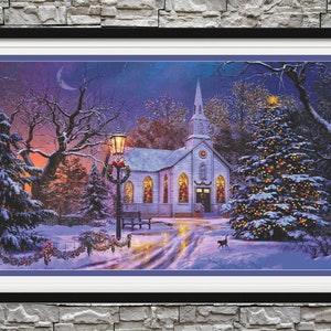May include: A snowy winter scene with a white church building, a decorated Christmas tree, and a street lamp. The church has a steeple and windows with stained glass. The Christmas tree is decorated with colorful lights and ornaments. The street lamp is lit and casts a warm glow on the snow.
