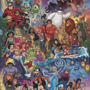Pode incluir: Uma vibrante ilustração digital apresentando um grande conjunto de personagens animados de vários filmes, incluindo Mickey Mouse, Pato Donald, Pateta, Elsa, Anna, o Gênio, Aladdin e muitos outros dispostos em uma colagem densa e colorida.