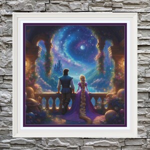 May include: A framed print of a couple overlooking a fantasy landscape. The artwork features a man and woman on a balcony, with a castle and swirling galaxy in the background. The color palette includes purples, blues, and golds.