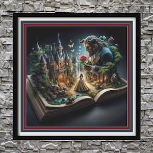 May include: A fairytale scene with a castle, a rose, and a beast, all emerging from an open book. The beast is holding a rose and looking at a woman in a yellow dress.