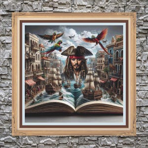 May include: A colourful illustration of a pirate captain emerging from an open book. The book is set in a city scene with ships and parrots flying overhead.