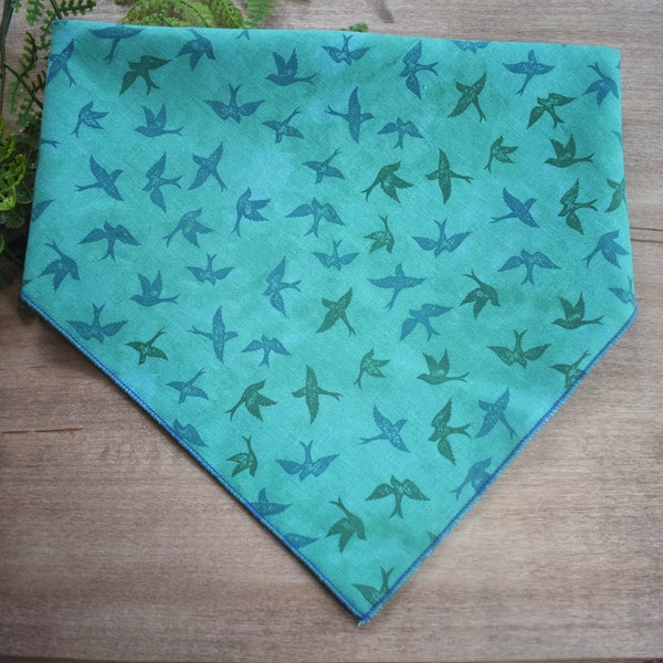 green bird dog bandana for spring or summer, everyday wear dog bandana, reversible tie and snap bandana, dog gift