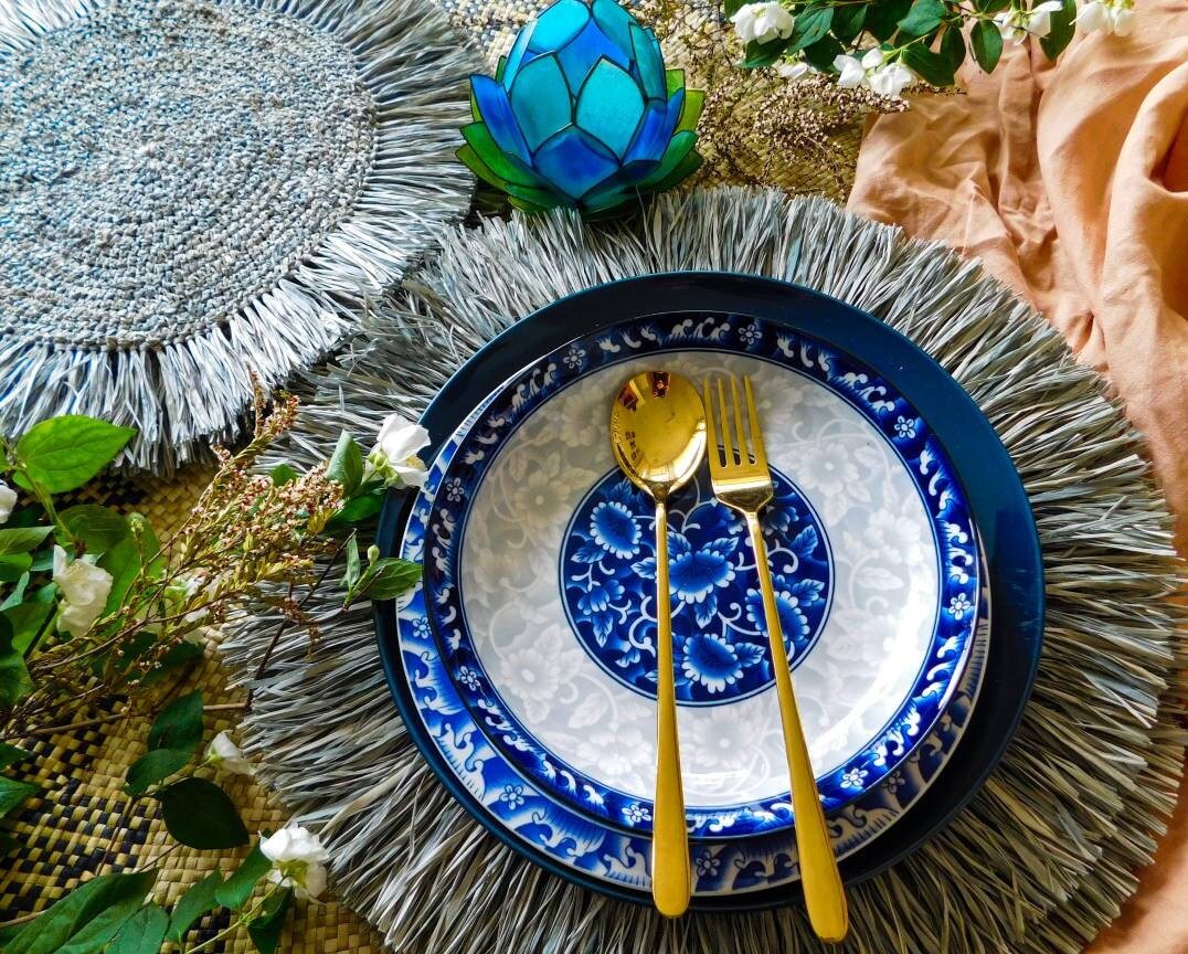 6 Pcs Ocean Blue Raffia Placemats Handwoven Organic Round Etsy