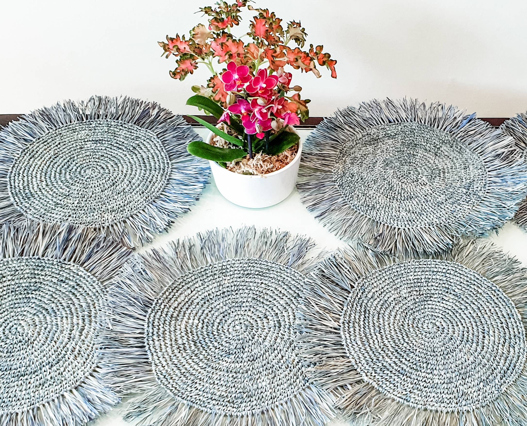 6 pcs ocean blue raffia placemats handwoven organic round Etsy