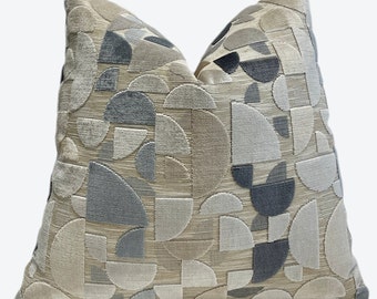 Taupe, Steel Blue, Gray Geometric Velvet Throw Pillow Cover | Taupe Decorative Pillow Cover | Couch Pillow | 20x20 | 22x22 | Lumbar Pillow
