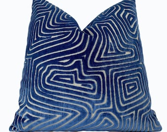 Cobalt Blue Maze Velvet Throw Pillow Cover |  Electric Blue Decorative Pillow Cover | Custom Sizes
