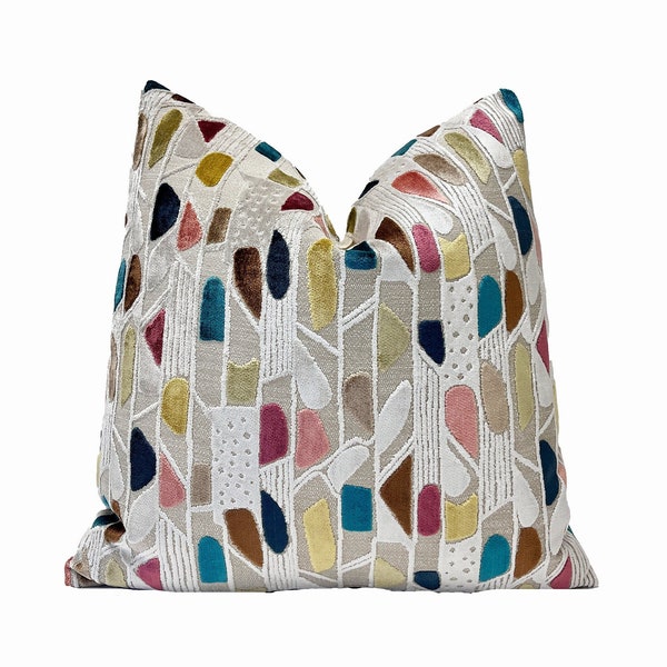 Belle Multicolored Geometric Velvet Throw Pillow Cover | Beige Multi Decorative Throw Pillow Cover | 20x20 | 22x22 | 24x24 | Lumbar Pillow