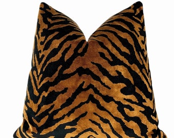 Copper Zebra Velvet Throw Pillow Cover | Brown Black Animal Print Pillow Cover
