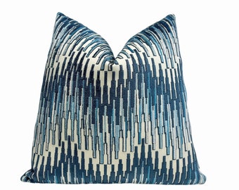 Blue Zigzag Velvet Throw Pillow Cover: Modern Abstract Design
