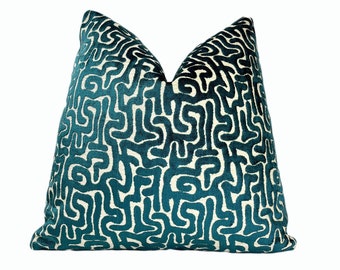 Teal Maze Velvet Throw Pillow Cover | Blue Cream Abstract Pillowcase | Custom Sizes