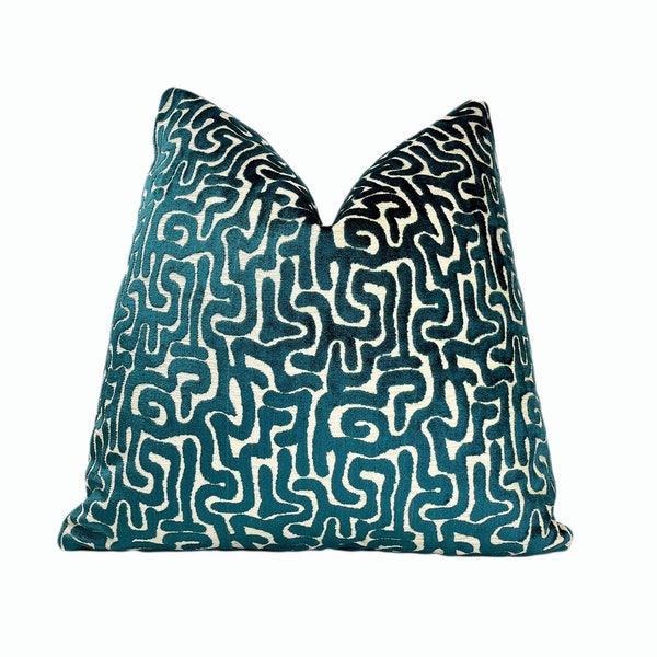 Teal Blue and Cream Velvet Throw Pillow Cover | Teal Cream Pillowcase | 18x18 | 20x20 | 22x22 | Lumbar Pillow | Euro Shams