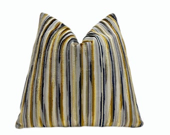 Gold Navy Alternative Stripe Velvet Throw Pillow Cover | Gold Cream Decorative Throw Pillow Cover | 20x20 | 22x22 | 24x24 | Lumbar Pillow
