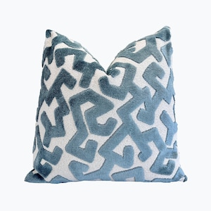 Cerulean Blue Tribal Velvet Throw Pillow Cover | Blue Cream Graphic Pillowcase | 20x20 | 22x22 | 24x24 | Blue Pillowcase | Lumbar Pillow