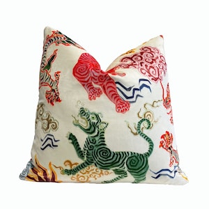 Colorful Asian Chinoise Velvet Pillow Cover | Colorful Dragons and Tigers Pillowcase | Custom Sizes