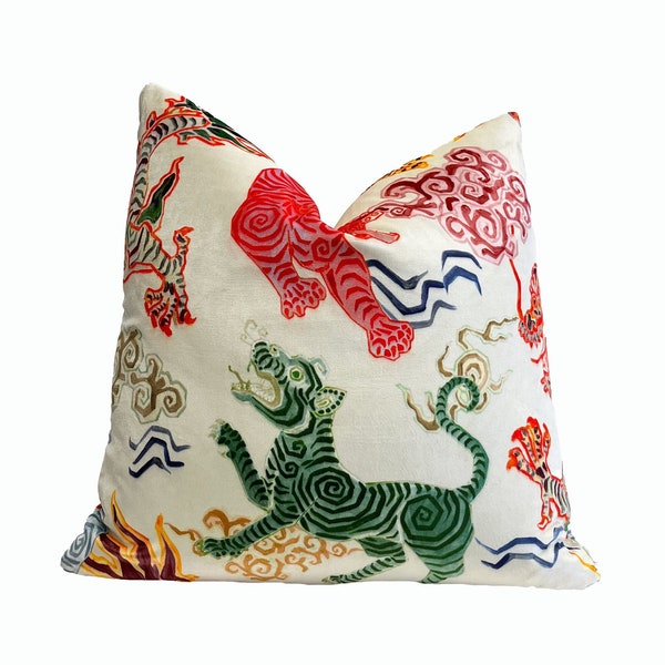 Colorful Asian Chinoise Velvet Pillow Cover | Dragons and Tigers Pillow Cover | Colorful Pillow Case 20" x20" | 22"x22" | Couch Pillow