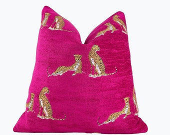 Fuchsia Embroidered Cheetah Throw Pillow Cover | Hot Pink Pillow Cover | 20x20 | 22x22 | Pink Decorative Pillowcase | Lumbar Pillow