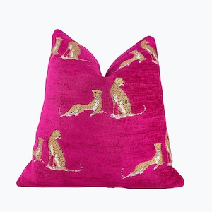 Fuchsia Embroidered Cheetah Throw Pillow Cover | Hot Pink Pillow Cover | 20x20 | 22x22 | Pink Decorative Pillowcase | Lumbar Pillow