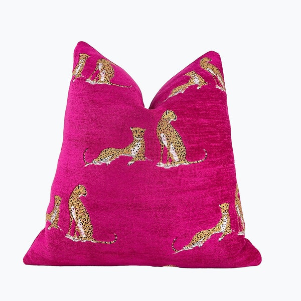 Fuchsia Embroidered Cheetah Throw Pillow Cover | Hot Pink Pillow Cover | 20x20 | 22x22 | Pink Decorative Pillowcase | Lumbar Pillow