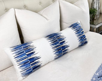 Long Azul Embroidered Throw Pillow Cover | Blue Lumbar Bed Pillow | Blue White Embroidered Pillowcase | Body Pillow | 16x24 | 14x20 | 13x35
