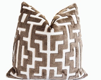 Myriad Taupe Velvet Throw Pillow Cover | Taupe Graphic Cushion Cover