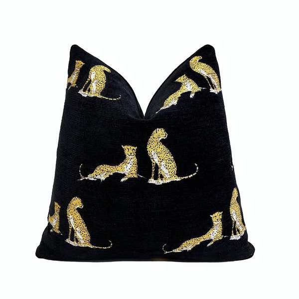 Black and Gold Embroidered Cheetah Throw Pillow Cover | Black Gold Pillowcase | 20x20 | 22x22 | Black Decorative Pillowcase | Lumbar Pillow