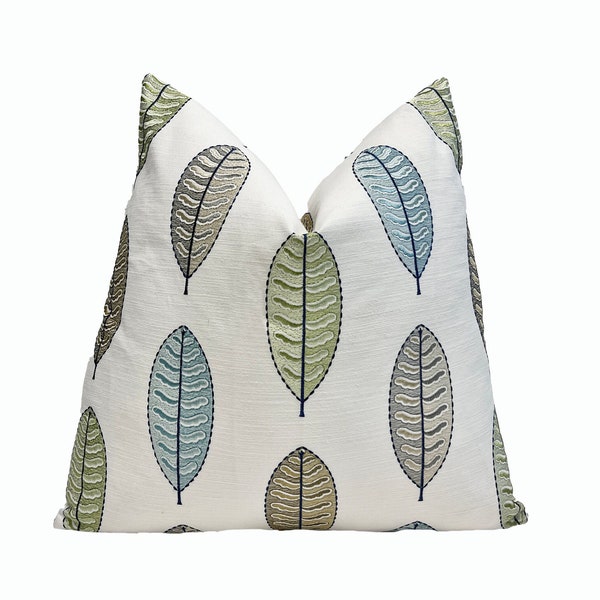 Spring Leaves Embroidered Throw Pillow Cover | Blue, Taupe, Green  Decorative Pillow | Couch Pillow | 18x18 | 20x20 | 22x22 | Lumbar | Shams