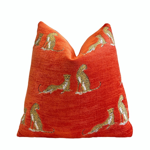 Orange Embroidered Cheetah Velvet Throw Pillow Cover | Orange Pillow Cover | 20x20 | 22x22 | Orange Decorative Pillowcase | Lumbar Pillow