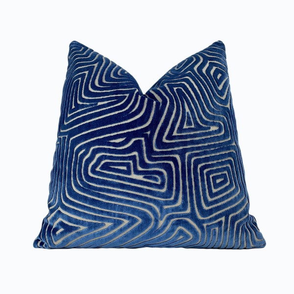 Cobalt Blue Maze Velvet Throw Pillow Cover |  Blue Decorative Pillow Cover | 20x20" | 22x22" | 14x20" Lumbar | Couch Pillow | Shams | Luxe