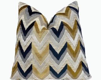Gold Navy Cream Chevron Velvet Throw Pillow Cover | Gold Cream Decorative Throw Pillow Cover | 20x20 | 22x22 | 24x24 | Lumbar Pillow