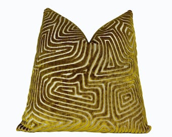 Gold Maze Velvet Throw Pillow Cover |  Gold Decorative Pillow Cover | 20x20&quot; | 22x22&quot; | 14x20&quot; Lumbar | Couch Pillow | Shams | Luxe