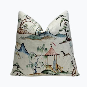 Cream Chinoiserie Throw Pillow Cover | Cream Asian Scene Decorative Pillowcase | 18x18| 20x20 | 22x22 | Shams | Lumbar Pillow | Bed Pillow