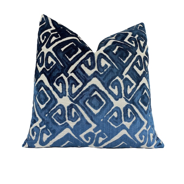 Blue and Natural Velvet Throw Pillow Cover | Tribal Influenced Blue Decorative Pillow | Couch Pillow | 20x20 | 22x22 | Lumbar | Shams