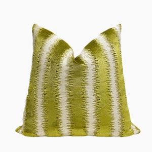 Chartreuse and Cream Stripe Velvet Throw Pillow Cover | Chartreuse Green Zippered Pillow Case | 20x20, 22x22, Lumbar, Shams