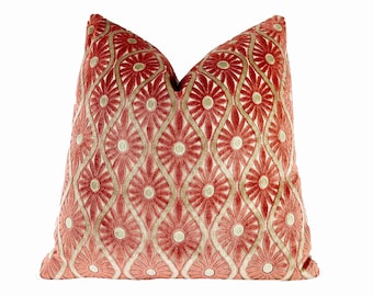 Spiced Coral Velvet Throw Pillow Cover | Rust Floral Geometric Cushion Cover