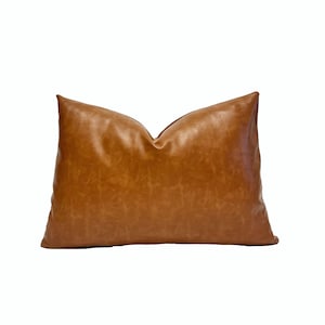 Cognac Vegan Leather Throw Pillow Cover | Faux Brown Leather Cushion Cover | Custom Sizes
