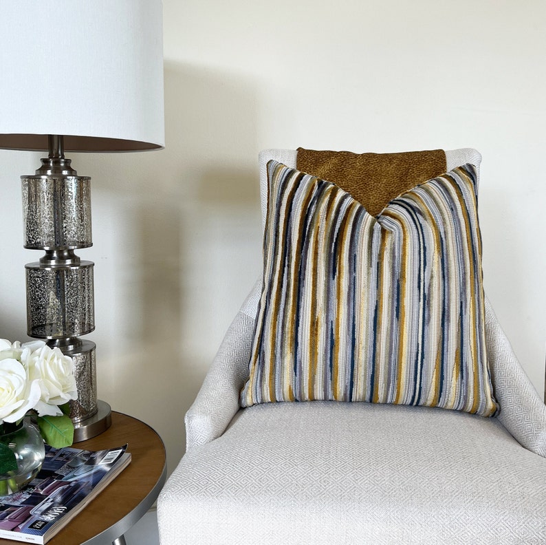 Gold Navy Alternative Stripe Velvet Throw Pillow Cover Gold Etsy