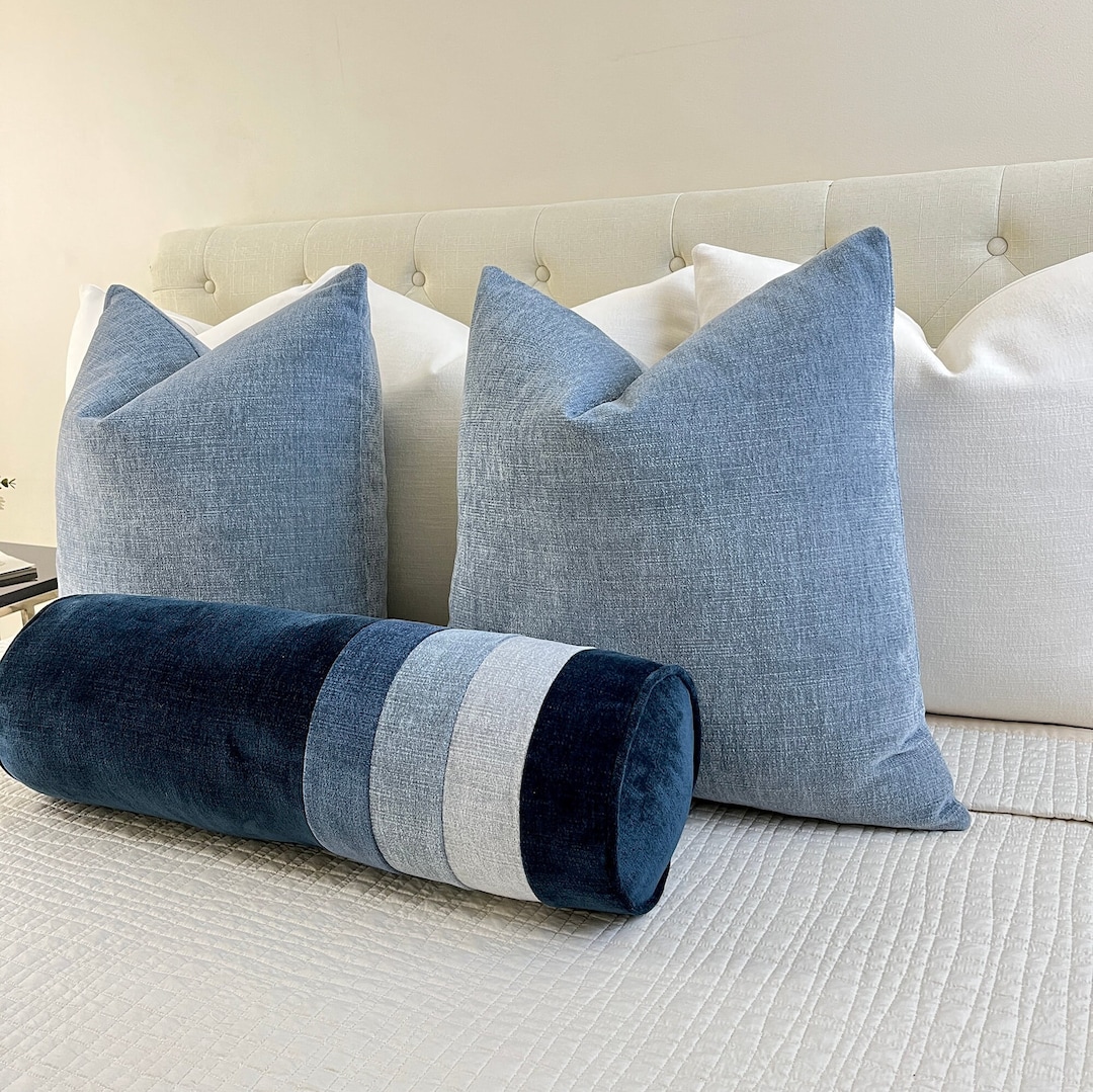 Navy Blue Velvet Bolster With 3 Shades Blue Trim Blue Velvet Round
